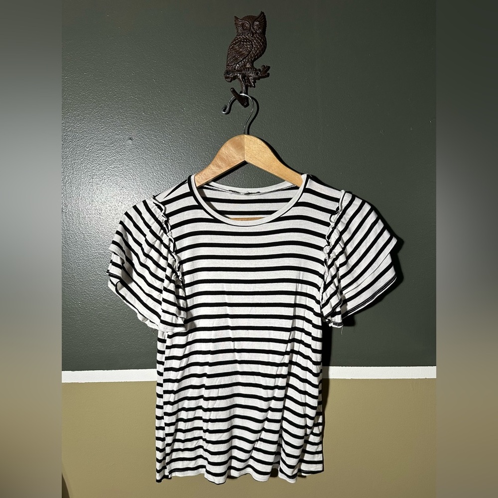 Green Envelope Black and White Striped Short Sleeve Top